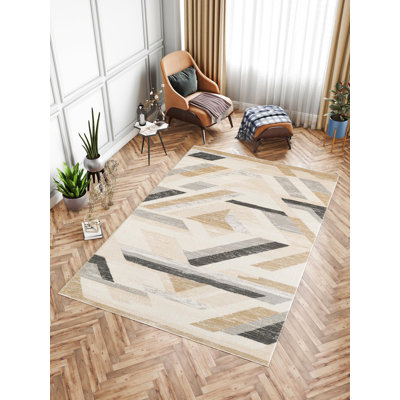 Modern Geometric Turkish Machine Woven Area Rug in Black/Beige/Grey