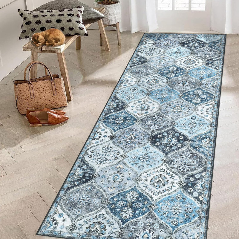 Runner Rug 2X6 Moroccan Trellis Washable Rug Non Slip Low Pile Long Rugs For Hallway Kitchen Indoor Door Mat For Entryway Bedroom, Blue/Grey