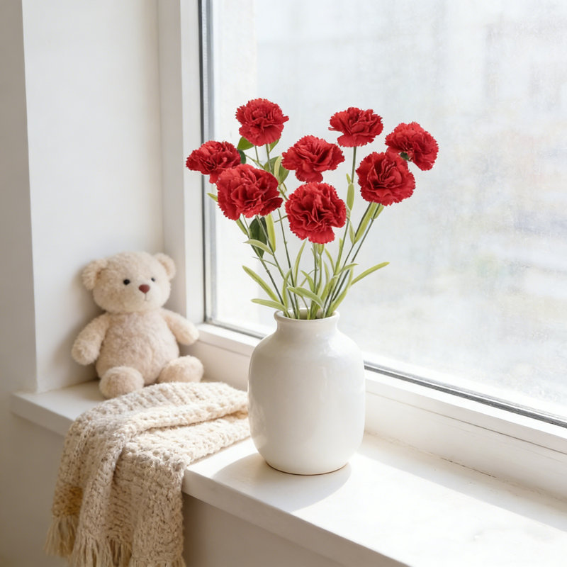 6 œillets fleurs artificielles avec tiges, Rouge