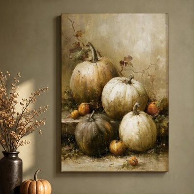 Nature morte de citrouilles blanches - Décoration murale automnale aux tons neutres, impression sur toile tendue de 40,6 cm (H) x 61 cm (L), prête à être accrochée dans la salle à manger, la cuisine ou le salon.