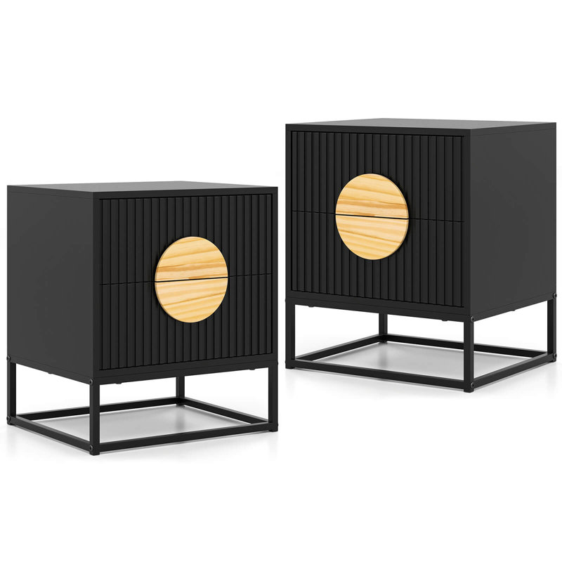 2 PCS Fluted Nightstand with 2 Drawers with Pine Wood Handles & Metal Frame Black, Set of 2, Black