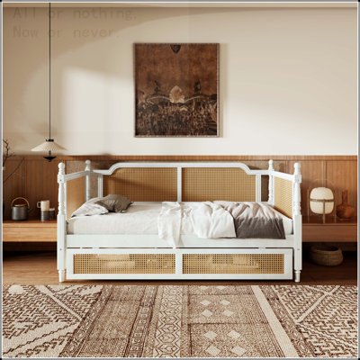 Traditional Rattan Twin Daybed with 2 Drawers – No Box Spring Needed