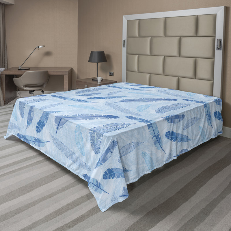 Ambesonne Feather Pattern Flat Sheet Pastel Vibes Boho Queen Size Pale Azure Blue Sea Blue, Grand