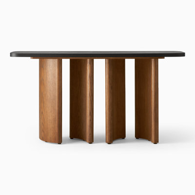  HERNEST 60" Modern Console Table with Black Top and Curved Brown Oak Base