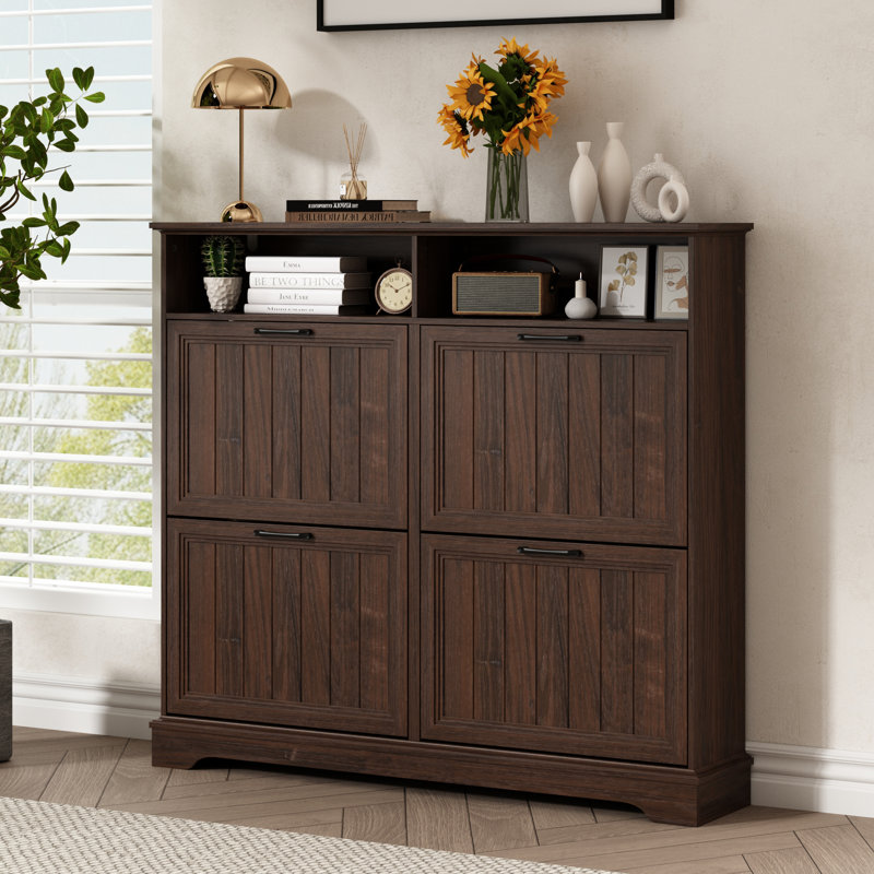 24 Pair Shoe Storage Cabinet with 4 Flip Drawers, Brown