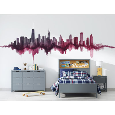 Autocollant mural rouge ville horizon, autocollant mural horizon, art mural paysage urbain, décoration murale ville moderne, décalque urbain, art Skyline Soundwave