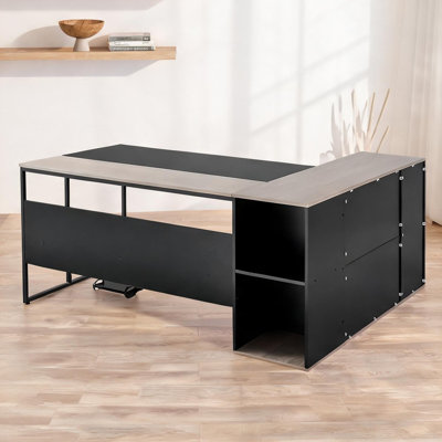 Bureau de direction en L avec tiroirs et armoire, structure en fer et plateau en panneau de particules, finition gris doux, 70,87 po x 31,5 po