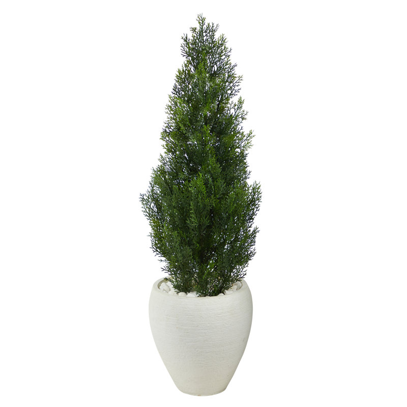 3.5Ft. Mini Cedar Artificial Pine Tree In White Planter UV Resistant (Indoor/Outdoor)