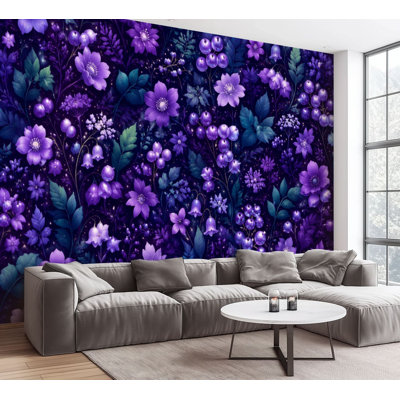 Wall Mural Peel and Stick Wallpaper Elegant Purple Floral Leaves Berries Dark Self-Adhesive Removable Contact Paper Wall Decor for Living Room Bedroom 100"H x 144"W