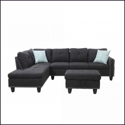 98” Wide Left-Hand Facing Space-Saving Sofa &amp; Chaise with Ottoman – Gray | Linen Blend | Round Arms