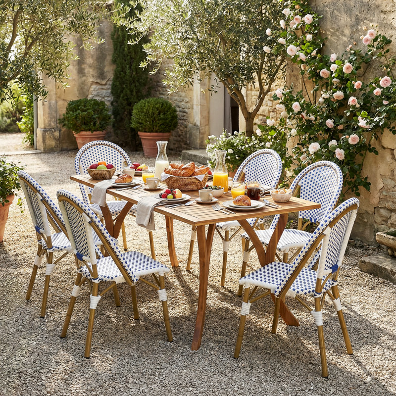 Ensemble de salle à manger 7 pièces en aluminium et acacia Marseille avec détails en rotin PE tissé à la main Marseille