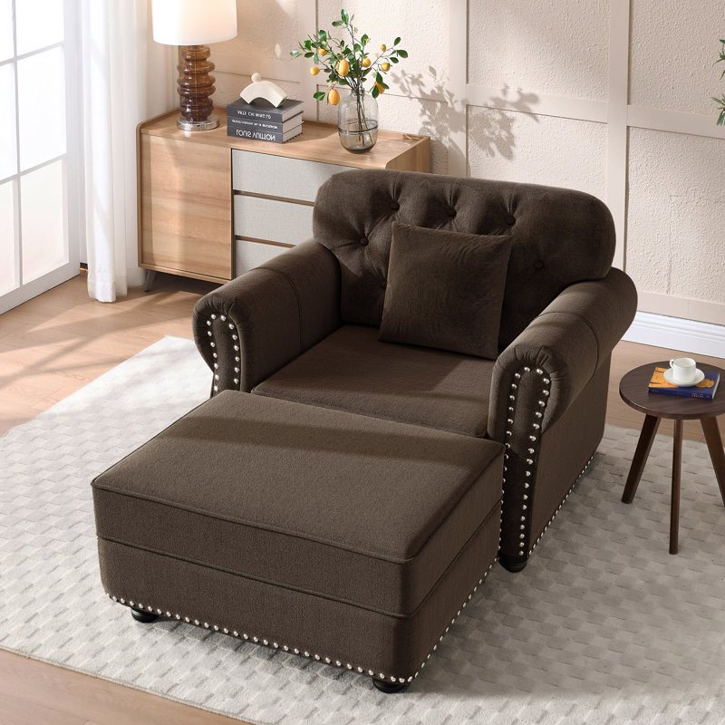 Petit fauteuil d'appoint rembourré avec repose-pieds Mid-Century, Brun