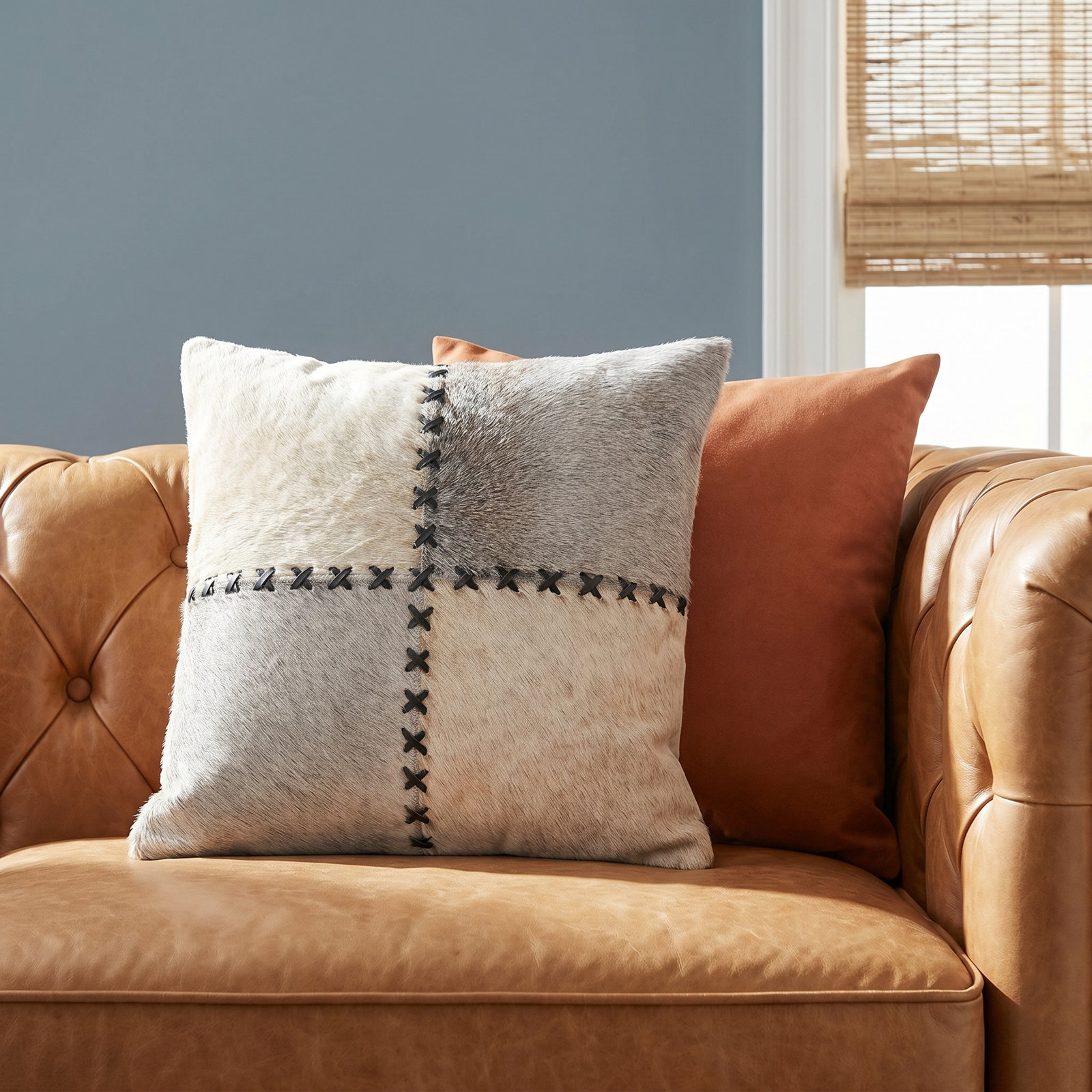 Ilara Patchwork Leather/Suede Throw Pillow, Polyester/Polyfill