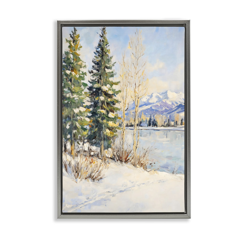 Cadre flottant Snowy Winter Lakeside, design par Petal Prints Design, H 31 po x l 21 po, Cadre flottant gris lustré