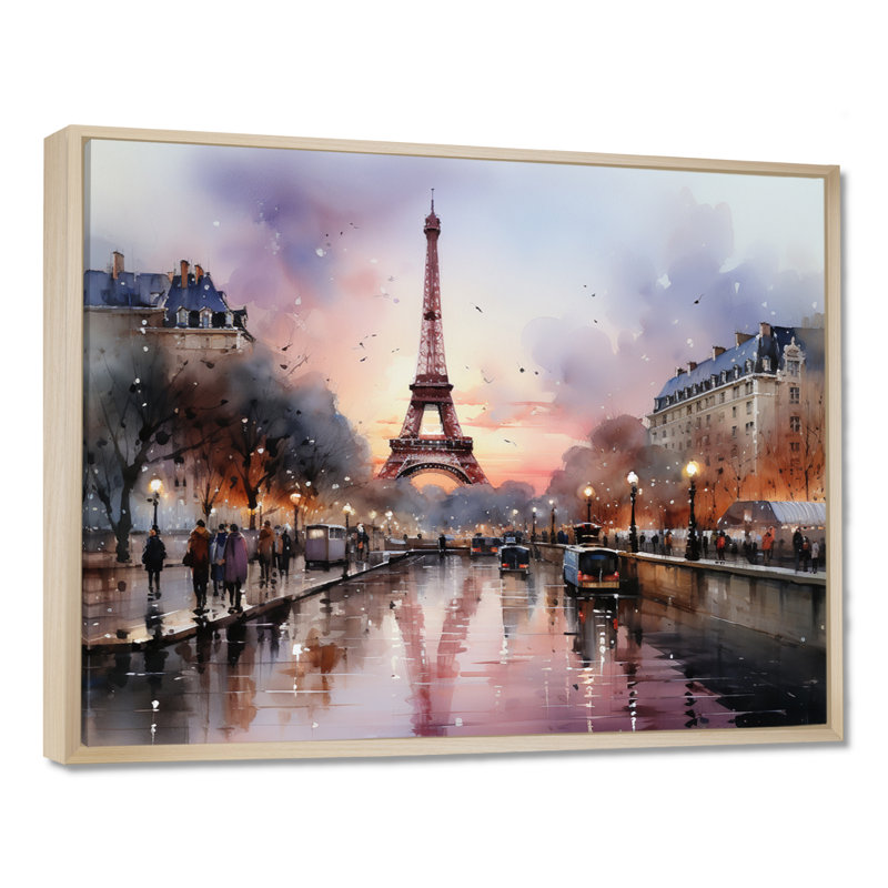 «Pink Twilight Rendezvous In Paris III» - Art mural, parcs d'attractions, H 30 po x l 40 po x P 1,5 po, Cadre flottant érable