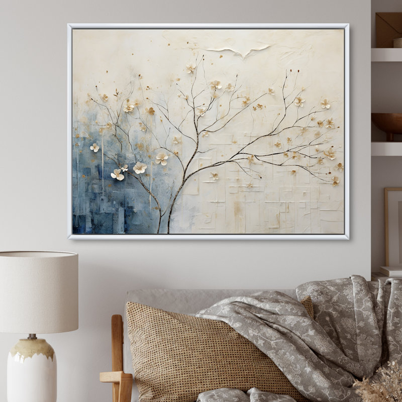 Minimalisme beige et bleu campagne - campagne encadrée, art mural, Cadre flottant blanc, H 12 po x l 20 po x P 1 po