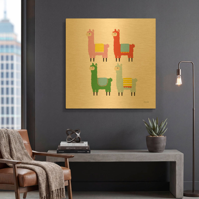 « Les Lamas », tableau mural en métal doré d'Ann Kelle, 91,4 cm x 91,4 cm, 36 po x 36 po