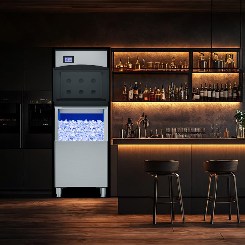 Machine à glaçons commerciale, 480 lb / 24 heures avec bac de rangement de 360 lb, machine à glaçons autoportante en acier inoxydable avec fabrication de glaçons rapide de 8 à 15 minutes et autonettoyante pour les restaurants, les bars et les cafés