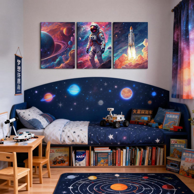 3Pcs Framed Fantasy Outer Space Canvas Wall Art for Boys Room, Astronaut Galaxy Spaceship Poster Wall Decor, Colorful Galaxy Wall Art for Children's Rooms, Nursery, Playroom 16x24 Inches