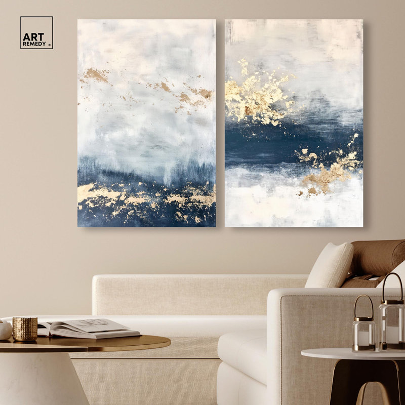 «Gilded Coastal Calm Blue Art», ensemble de 2 impressions sur toile par , H 36 po x l 24 po, Toile tendue, Ne s’applique pas