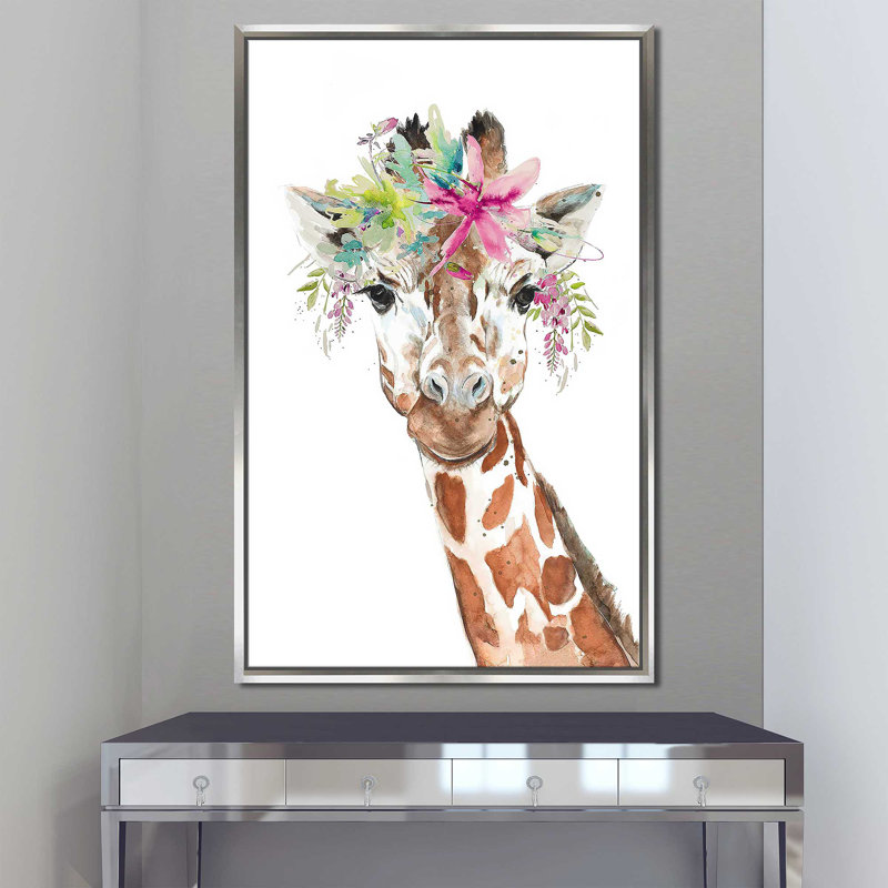 Girafe avec couronne florale par Patricia Pinto - Peinture, H 43,5 po x l 27,5 po x P 2 po, Cadre flottant argent