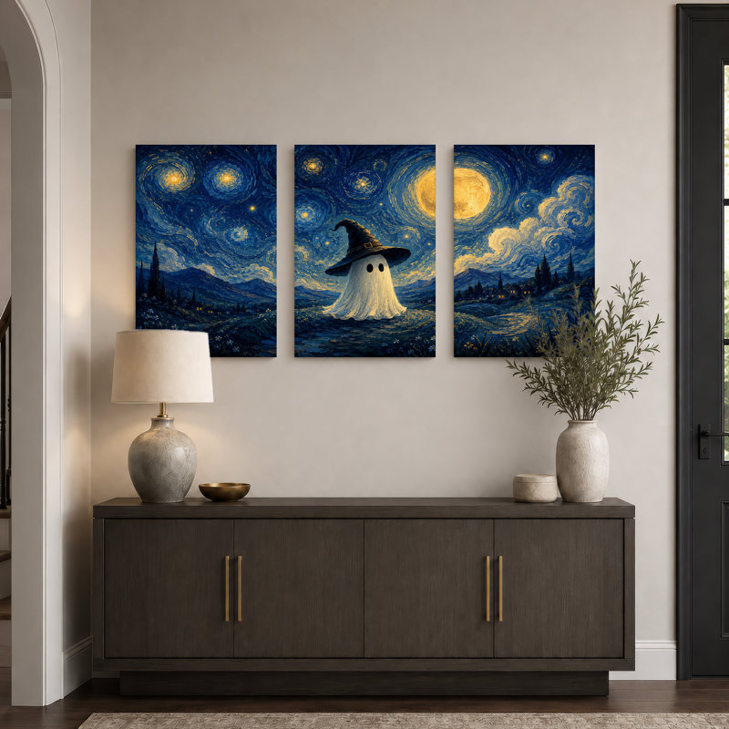 Ensemble de 3 toiles murales représentant un fantôme coiffé d'un chapeau de sorcière noir, sous un tourbillon d'Halloween
