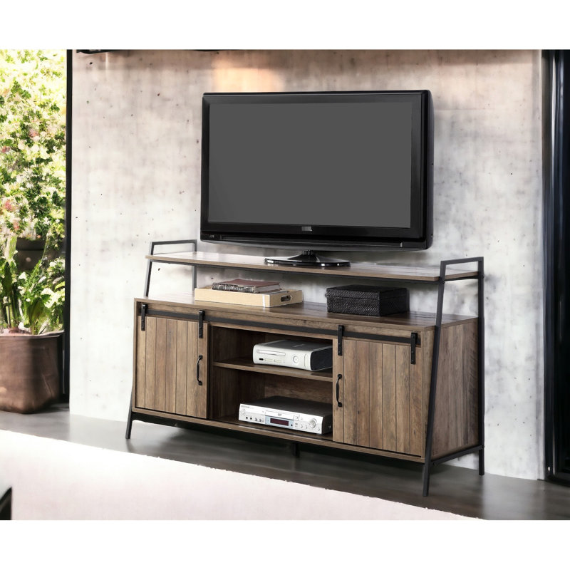 Meuble télé Amar pour téléviseurs de 50 à 59 po, chêne rustique et noir, compartiments spacieux, installation facile avec 6 téléviseurs de 58 po