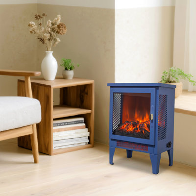 18 Inch Freestanding Electric Fireplace Stove Heater With 3D Flame Effect, Classic Blue, /Ul , Double Protection, 1400W/700W Heat, 5000 'S Per Hour, 50000 Hours Led, Panoramic 3 - Sided View, Bottom