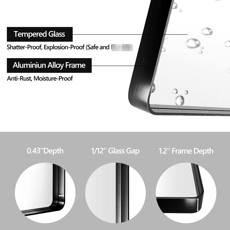 Miroir de salle de bain Cadre en aluminium noir de 40 po x 30 po avec verre flottant HD pour une réflexion claire et sans miroir - membrane antirouille, facile à suspendre et à ranger