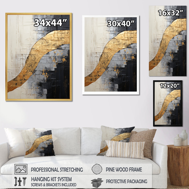 «Grey Gold Minimalisme Poteries», reproduction d'art abstrait en spirale, H 32 po x l 16 po, Cadre flottant doré