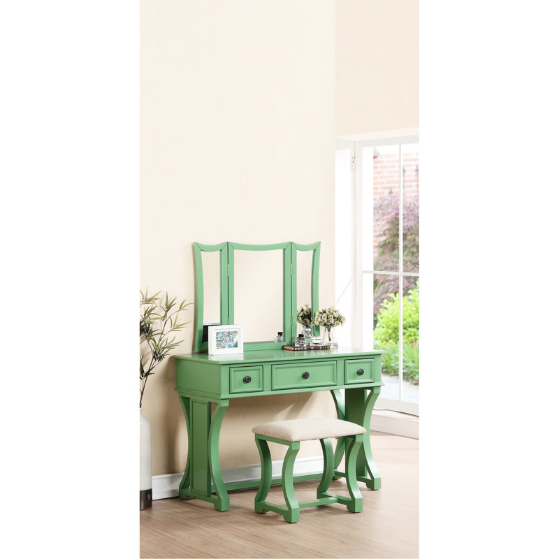 Modern Bedroom Vanity , Apple Finish, Stool, , Rustic Pine Frame W/ Shade, Foldable Mirror,