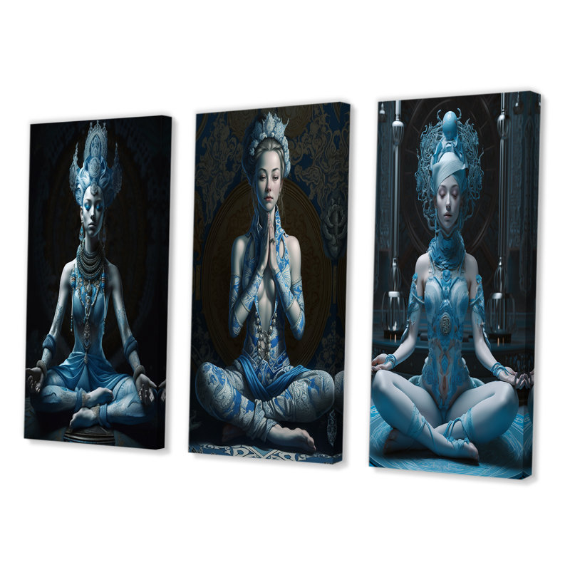 Blue Yogini Meditation Spiritual Grace - 3 pièces, Toile tendue, H 20 po x l 36 po