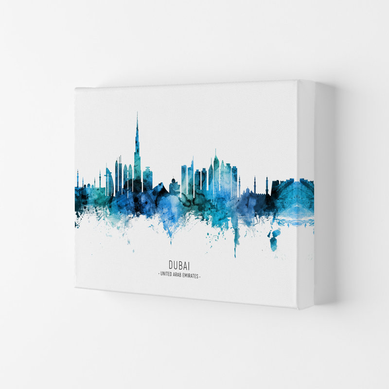 Dubai United Arab Emirates Skyline Blue City Name by Michael Tompsett - Print, 29.7cm H x 42cm W x 4cm D, Wrapped Canvas