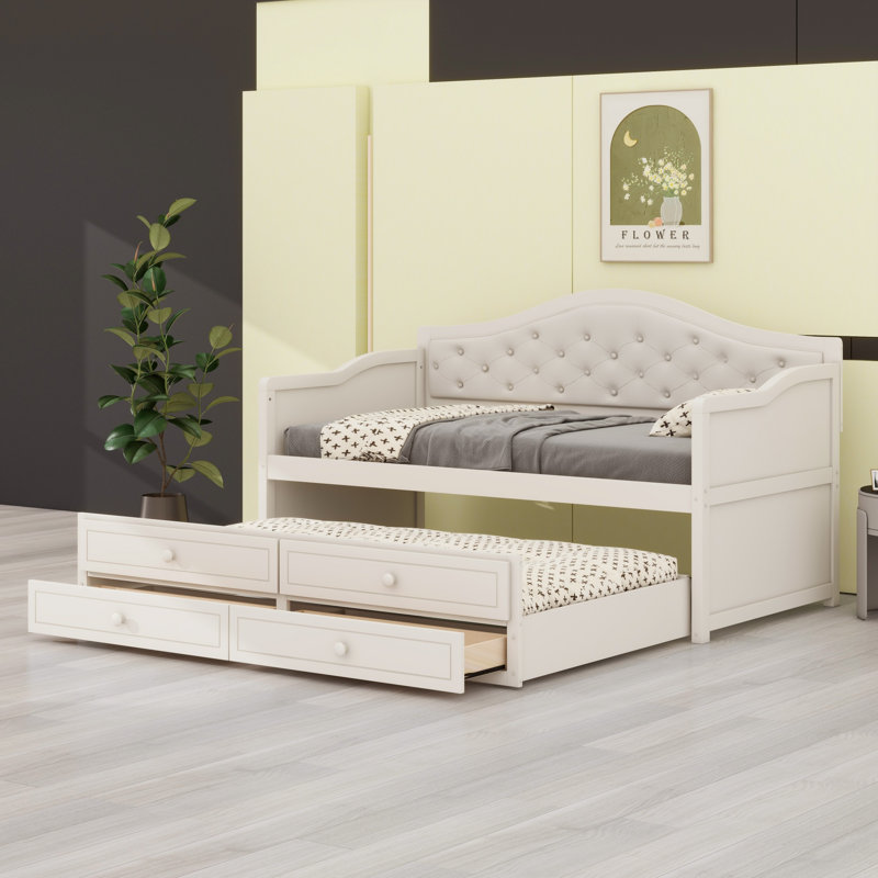 Lit de jour en bois avec lit gigogne et 2 tiroirs de rangement, canapé-lit capitonné, Beige