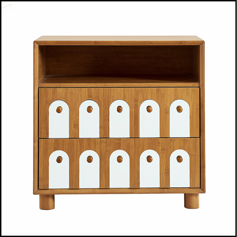 Table de chevet moderne à deux tiroirs avec façades en miroir et poignées élégantes, parfaite pour le rangement et le style de la chambre à coucher.