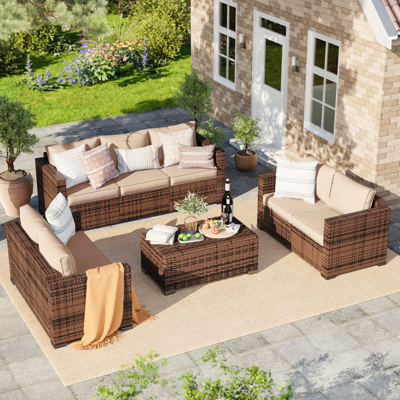 Azoriah 7-Person Wicker Outdoor Seating Group with Storage, Khaki