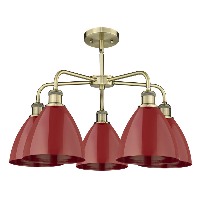 Lustre en dôme à 5 lumières Trickett, Rouge, Laiton antique