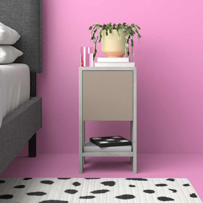 Atharv Bedside Table with Drop-Door Storage and Open Shelf for Versatile Living, Ancient White/Light Mocha
