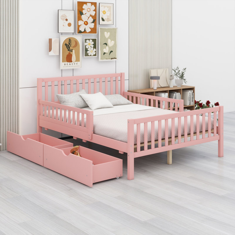 Lit plateforme en bois avec garde-corps des deux côtés et deux tiroirs de rangement, Rose