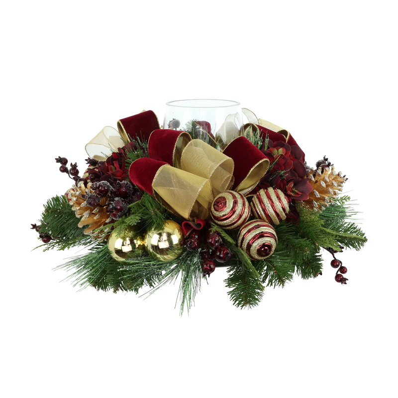 Jiair Hydrangea Holiday Evergreen Centerpiece with Pinecones, Ornaments, Berries and Glass Vase