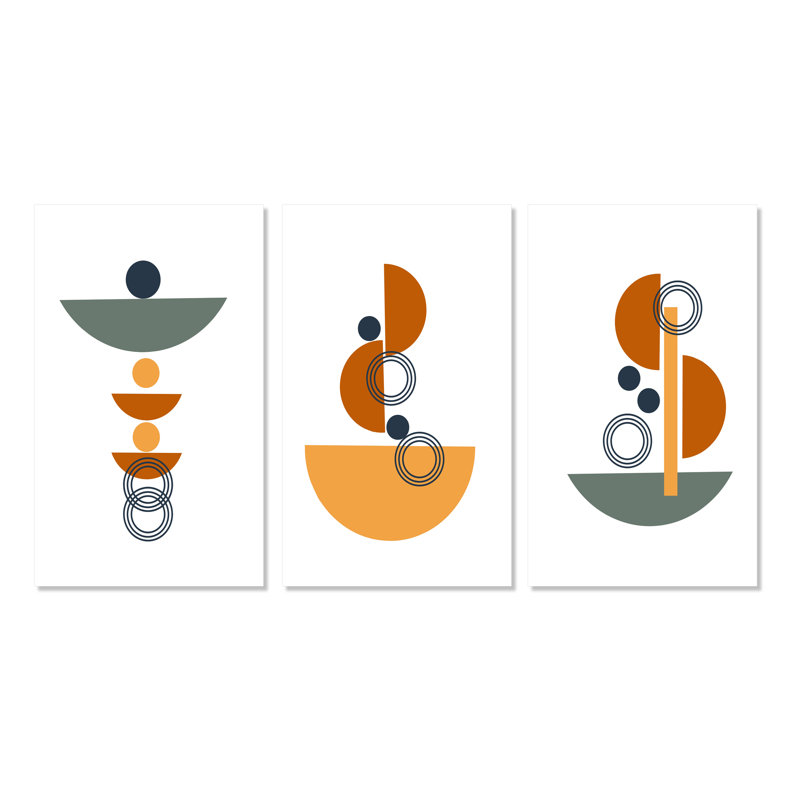 Ensemble de 3 pièces d'art moderne Mid-Century à motif géométrique scandinave, H 20 po x l 36 po