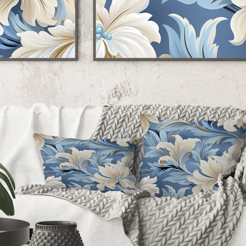 Blanc et bleu damassé en fleurs - Coussin Abstrait corail multicolore abstrait - Coussin