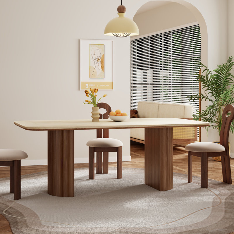 Table de salle à manger rectangulaire moderne 71 po pour 4 personnes, grande table de cuisine pour 6 personnes, plateau en pierre frittée avec pieds doubles en bois massif