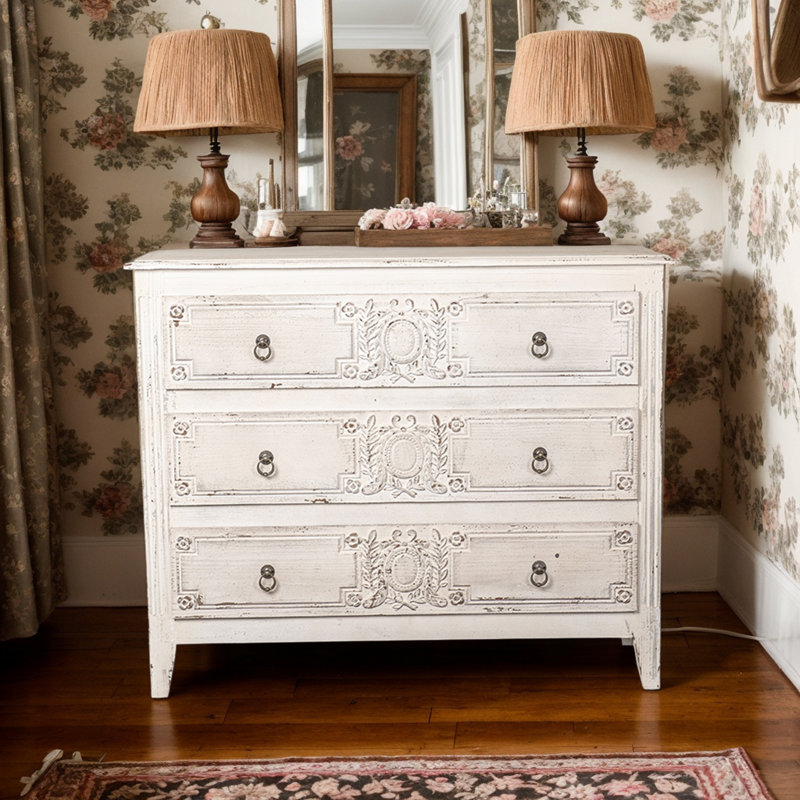 Retro Carved Cabinet, Bedside Table With 3 Drawers For Home Use 45.67*14.96*38.58 Inches