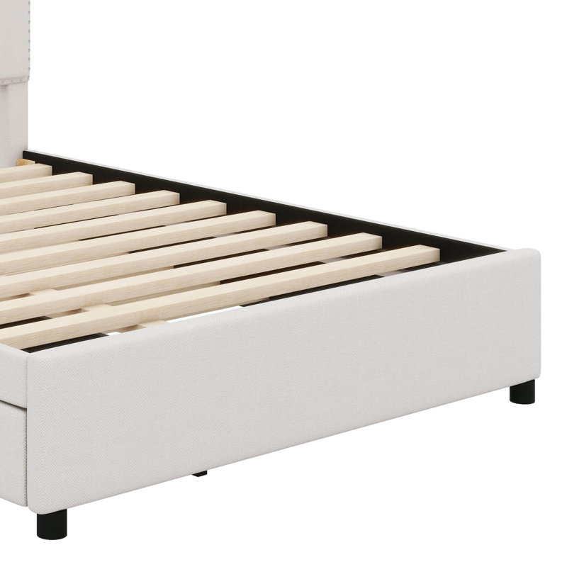 Lit plateforme avec tête de lit rembourrée et 2 tiroirs intégrés, Beige, Full