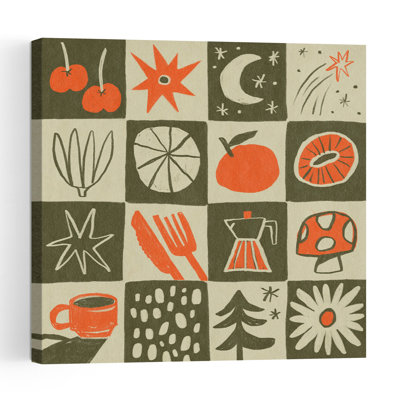 Retro Kitchen Nature Modern Retro Abstract Pine Tree Cherry Flower Fruit Wall Art Print