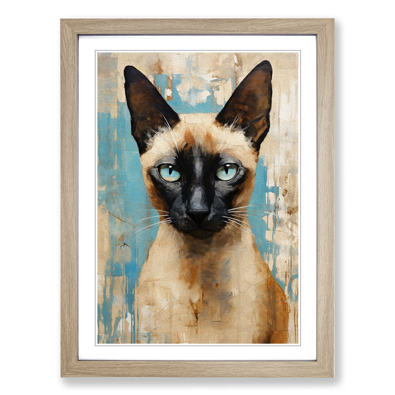 Siamese Cat Gestural - Single Picture Frame Print on Wood, 64cm H x 46cm W x 2cm D, Oak 