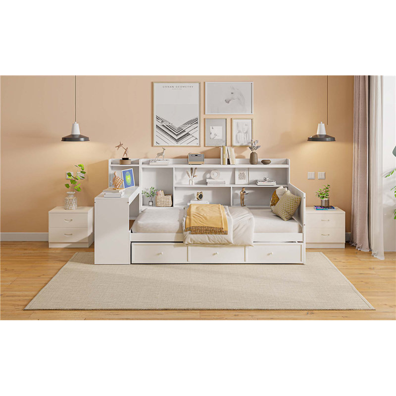 Wooden Daybed with 3 Drawers,USB Ports and desk, Twin, White
