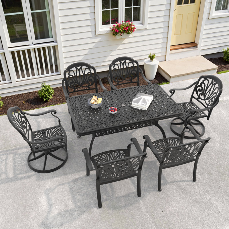 6-Person Rectangular Cast Aluminum Patio Dining Set with 2 Swivel Chairs & Cushions & Umbrella Hole