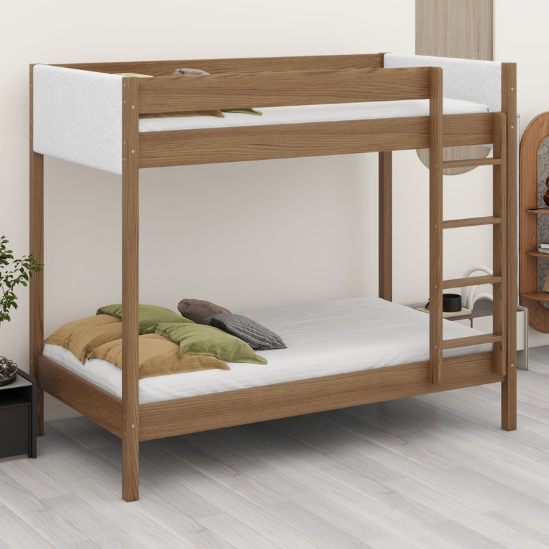 Bunk Bed Frame With Ladder, Safety Guardrails, Upholstered Headboard/Footboard